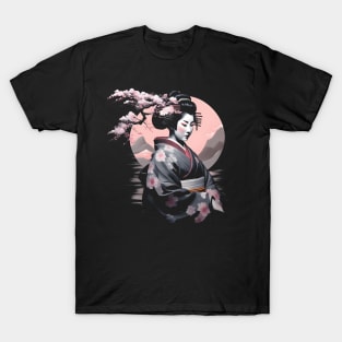 Japanese Geisha with Cherry Blossoms Black T-Shirt